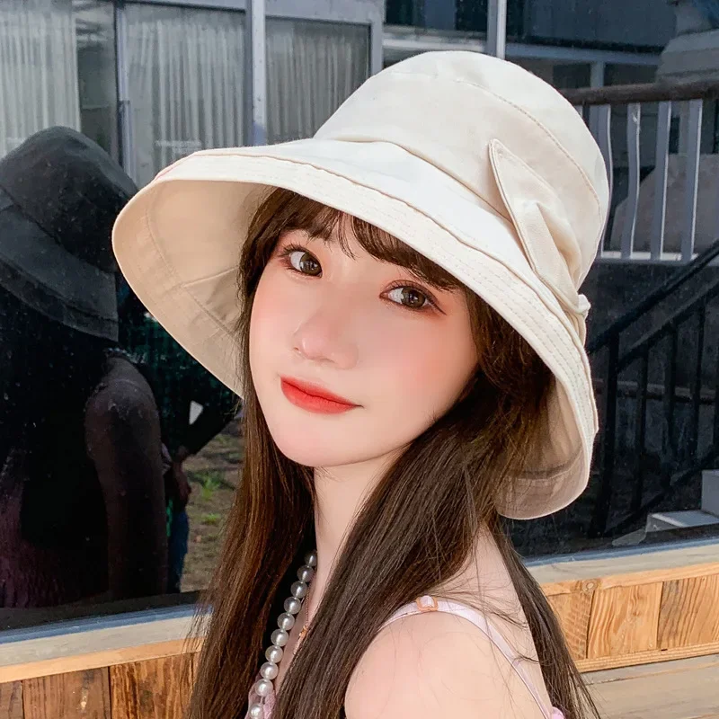 New Women Summer Bucket Hat Sunscreen Cap Beach Outdoor Ladies Panamas Bowknot Foldable Sun Hat Breathable Headwear