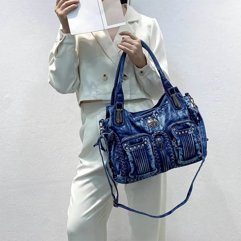 Denim Jean Large Capacity Multiple Pockets With Diamond Crossbody Messenger Bag Handbags Letter Shoulder Shopper Tote Lady Purse