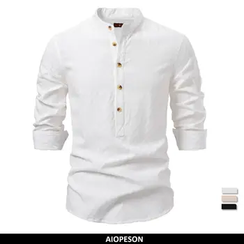 AIOPESON Men's 100% Cotton Solid Color Half-Button Casual Long Sleeve Shirt For Men Fashion Social Business Men Shirts
