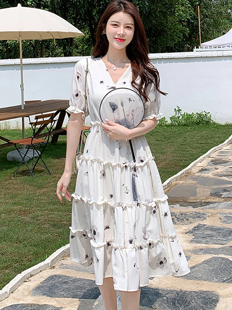 

Boho White Floral Chiffon Ruffled Long Dress for Women Summer Puff Sleeve V-Neck Elegant Casual Dress 2023 Fashion New In Dress