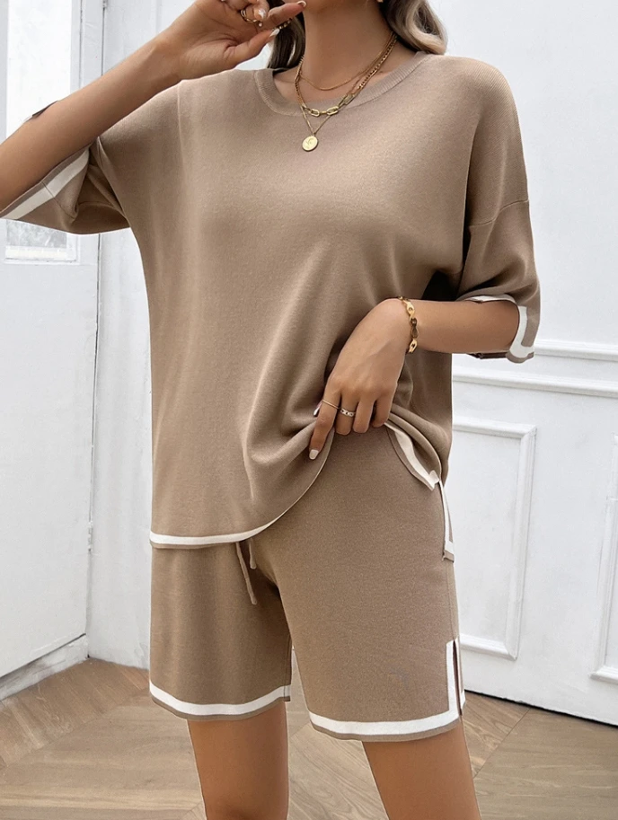 2024 Two Piece Set for Women New Fashion Solid Color Casual Style Short Sleeve Crew-Neck Casual Sweater Pants Set