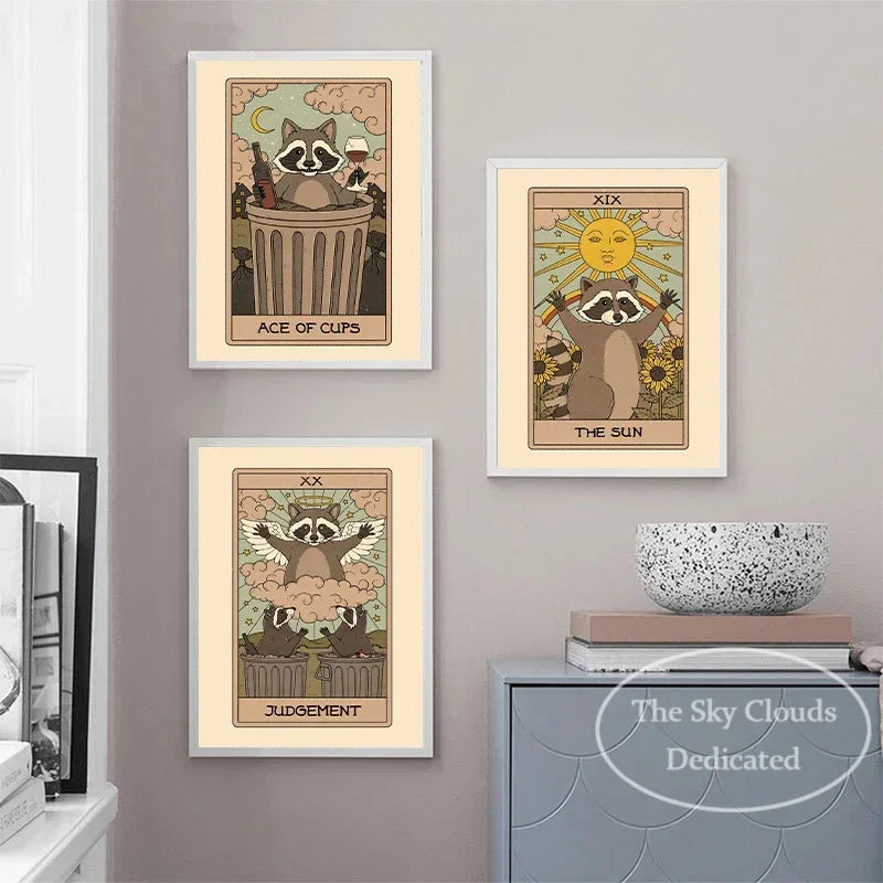 Cute Animal Canvas Painting Red Panda Raccoon Tarot Card Poster Modern HD Printed Wall Art Pictures Living Room Bedroom Decor