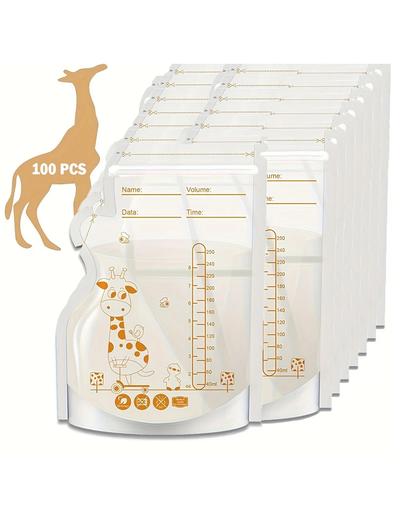 100pcs Breastmilk Storage Bags, 8oz Breast Milk Storage Bags With Pour Spout For Breastfeeding, Flat Design Space Saving Breast