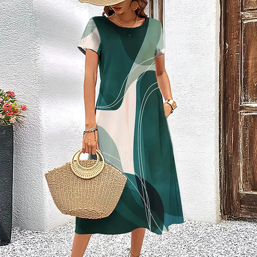 

Women‘S Vacation Dresses 3d Minimalist Lines Pattern Tops Casual Fashion A-Line Elegant Skirt Summer Lady Oversized Beach Dress