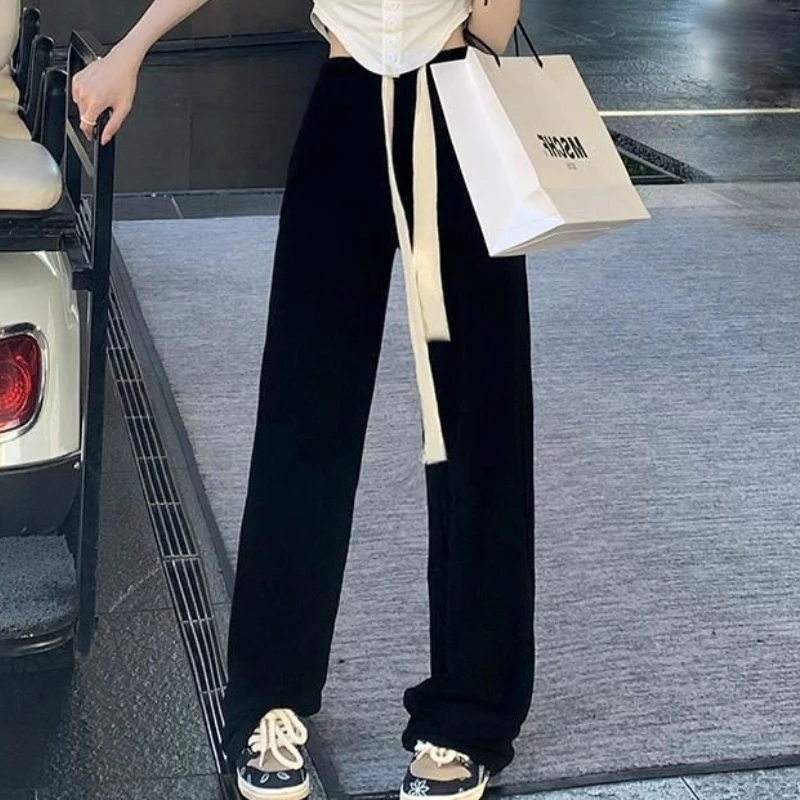 2023 Spring Autumn New Female Students Trend High Waist Leisure Loose Slim Sports Draw Rope Simple Wide Leg Trousers Long Pants