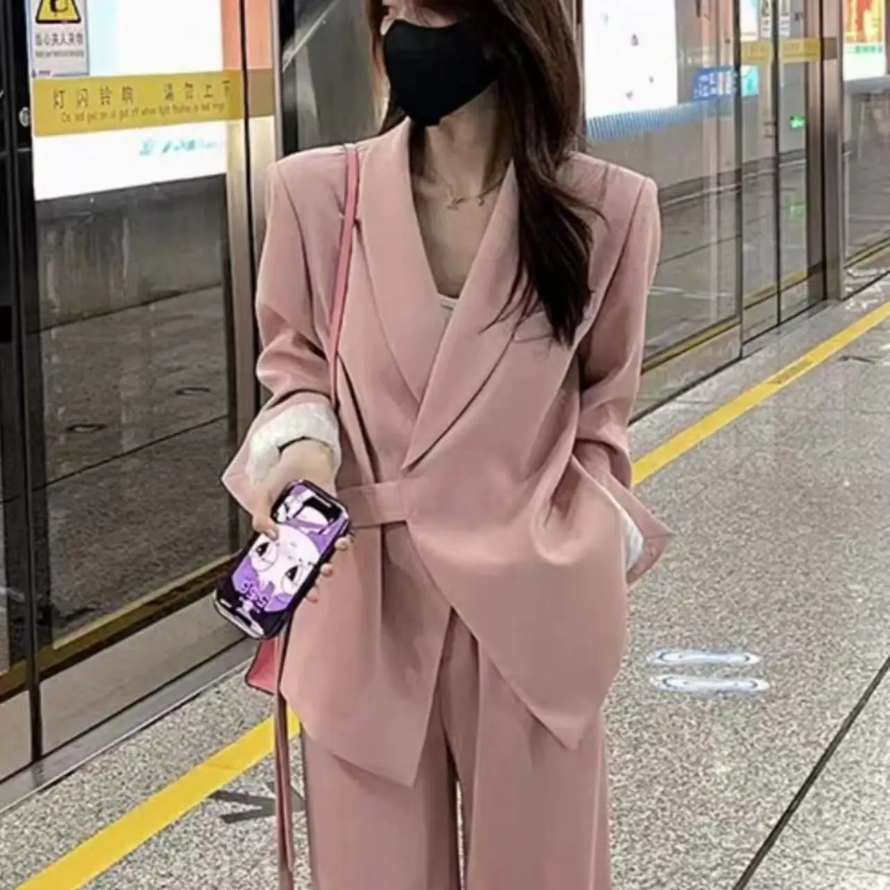 2024 Women V-neck With Belt Blazer Coat And Pants 2 Piece Set Spring Chic Long Sleeve Pockets Jacket Trousers Suits Solid Outfit