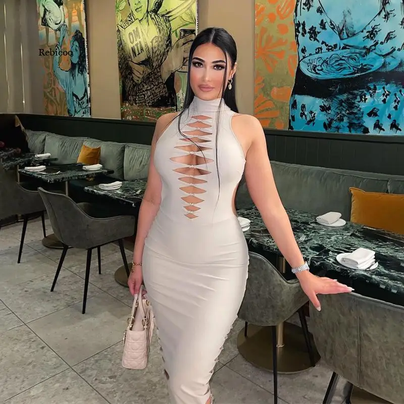 

Женское вечернее платье макси без рукавов, облегающее элегантное однотонное платье с высоким воротником и вырезами, уличная одежда, лето 2022