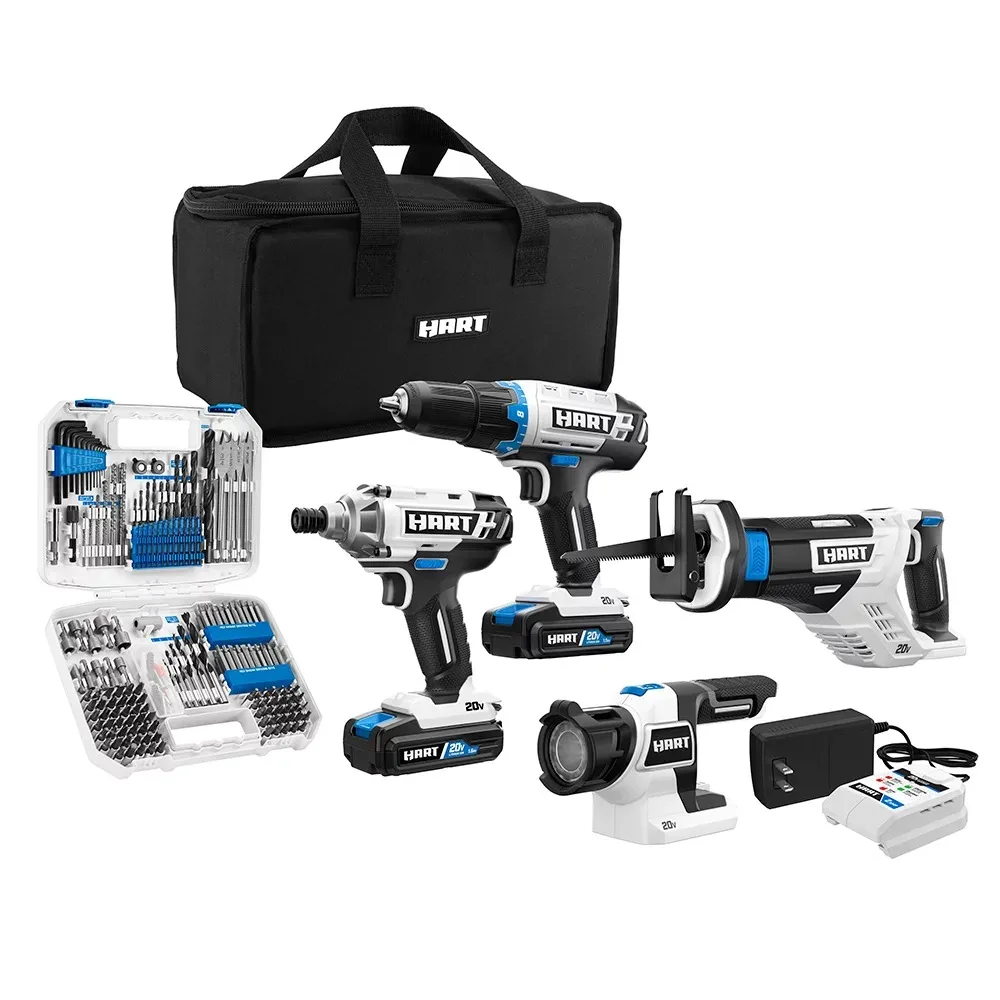 

20-Volt Cordless 4-Tool Combo Kit & 200-Piece Drill & Driver Accessory Kit, Charger & (2) 20-Volt 1.5Ah Lithium-Ion Battery