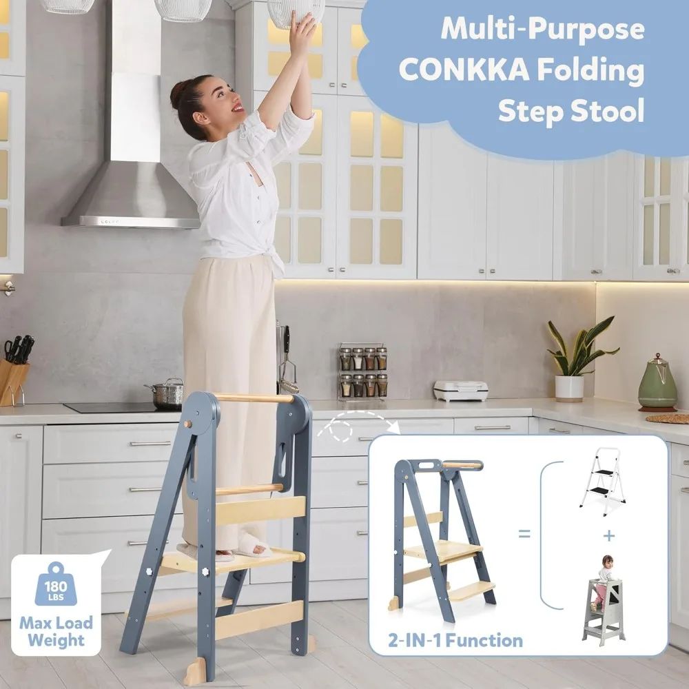 Foldable Wooden Step Stool for Toddlers, Adjustable Height Montessori Learning Tower with Safety Rail & Hook