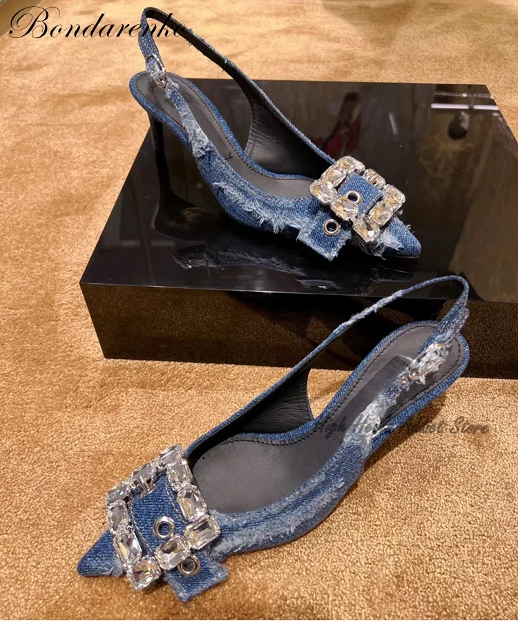 

Women Blue Demin Low Heel Crystal Buckle Pumps Stilettos Pointed Toe Slingback High Heels Ladies Elegant Designer Party Shoes