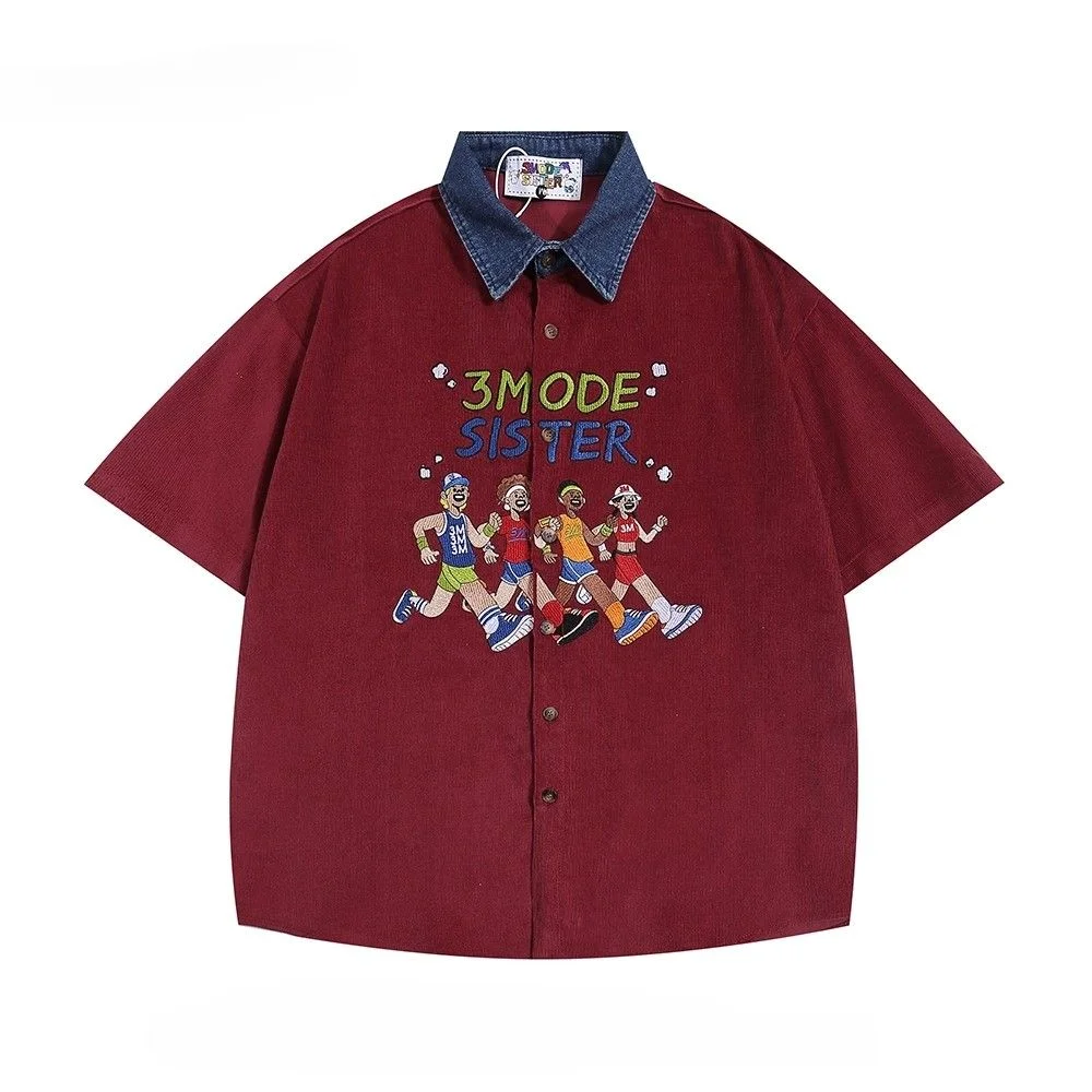 Men Women American Retro Athlete Embroidery Spliced Denim Collar Short-sleeved Shirts Trendy Summer Street Casual Loose Blouse