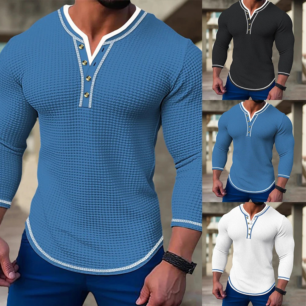 

Fashion Men's Henley Collar T-Shirts Casual Waffle-Slim Fit Long Sleeve V Neck Button Tees Tops Pullover T Shirt Clothing