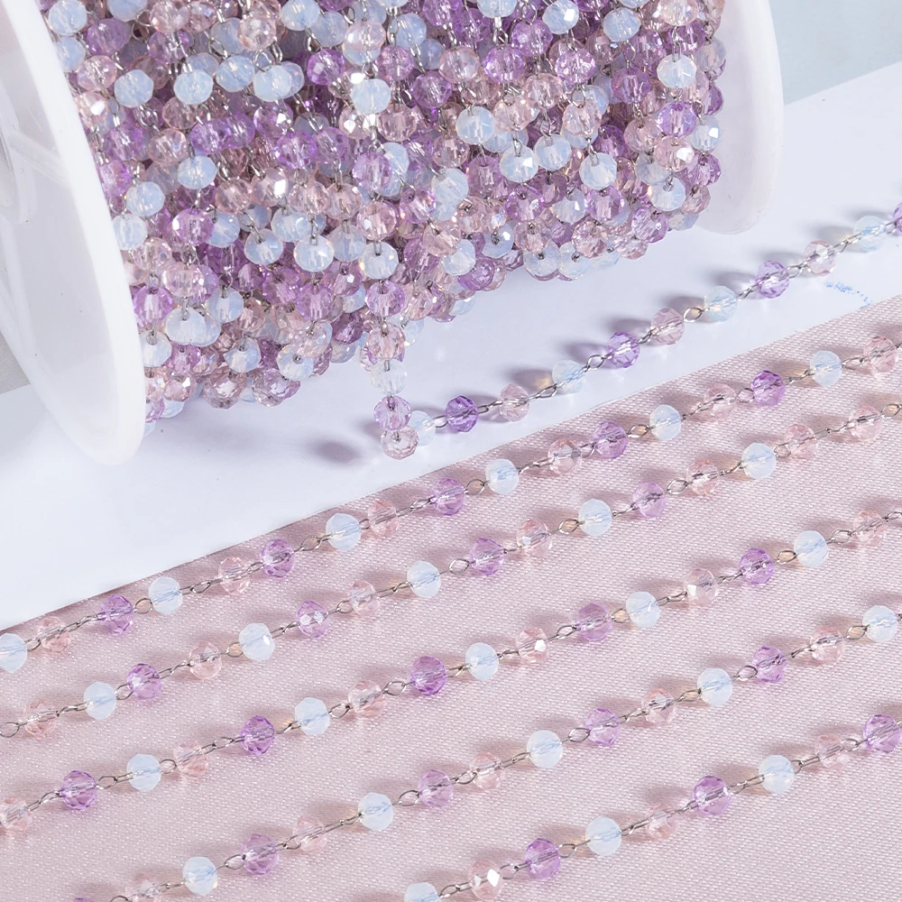 Purple Crystal Stone Beads Stainless Steel Chain for DIY Jewelry Making, 1 Meter