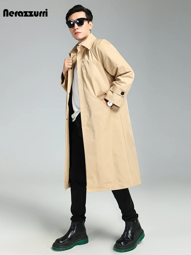Nerazzurri Spring Autumn Long Soft Khaki Trench Coat Men with Turn-down Collar Single Breasted Casual Mens Clothes Overcoat
