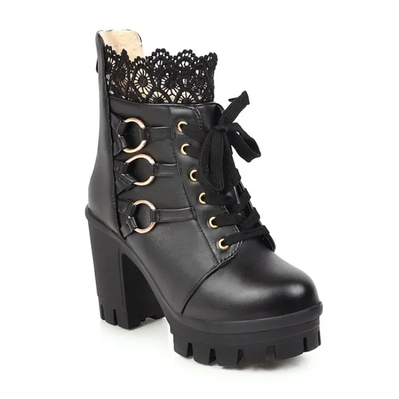 

Thick Heeled Waterproof Platform Hollowed Out Lace Martin Boots 2023 Autumn Winter Cross-tied Black White Large 43 Short Boots