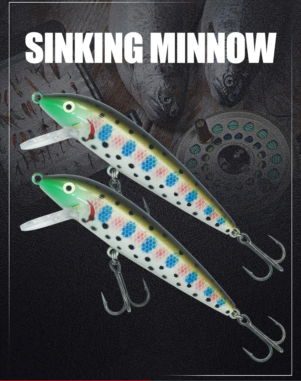 Description Picture 6 of itemBASSKING Sinking Minnow Bait 65mm/7.5g 85mm/13.8g Artificial Hard Bait Fishing Lure Bass Trout Wobblers Pesca Freshwater Tackle