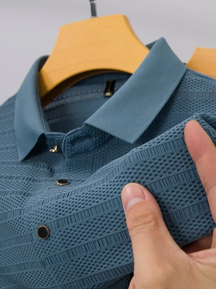 

Легкая роскошь брендовая ледяная шелковая бесшовная мужская деловая рубашка-поло с коротким рукавом летняя Высококачественная быстросохнущая деловая Повседневная футболка