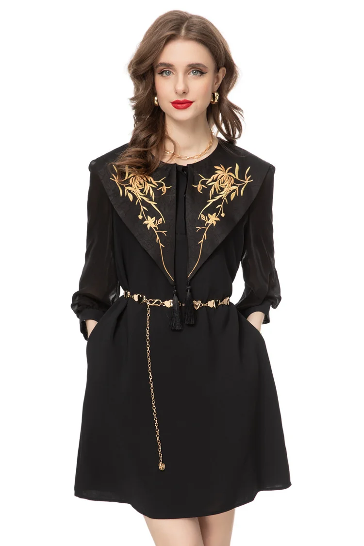 

Spring Autumn Fashion Designer Black Vintage Spliced Dress Women O Neck Embroidery Metal Chain Gathered Waist Slim Mini Dress