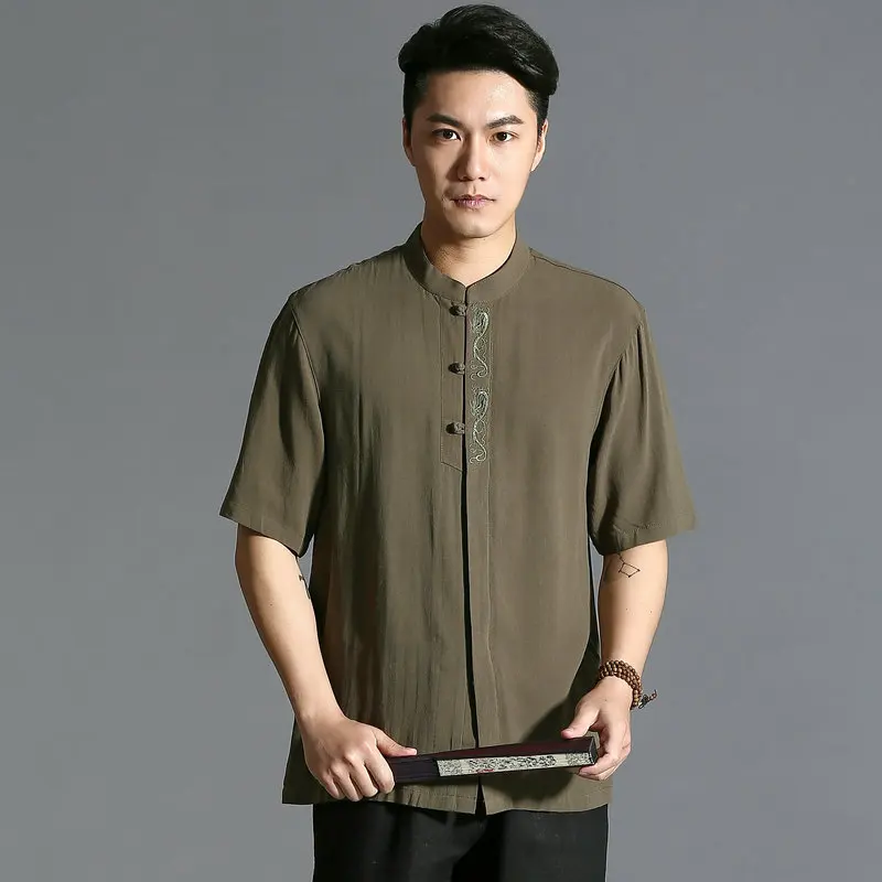 Men Linen Tunic Shirts Blue Green Beige Embroidering Chinese Dragon Design Tops Mandarin Collar Tea Break Look Shirt For Male new chinese style women red blue flower shirts mandarin