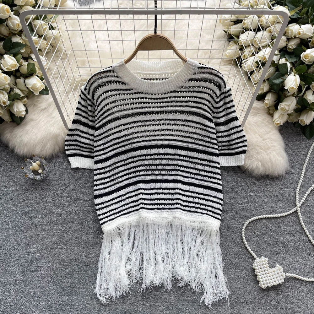 

Summer Korean Fashion Sweater Top For Women Vintage Striped Tassel Knit Sweaters Tops Short Sleeve O-neck Ladies Pullovers 2023