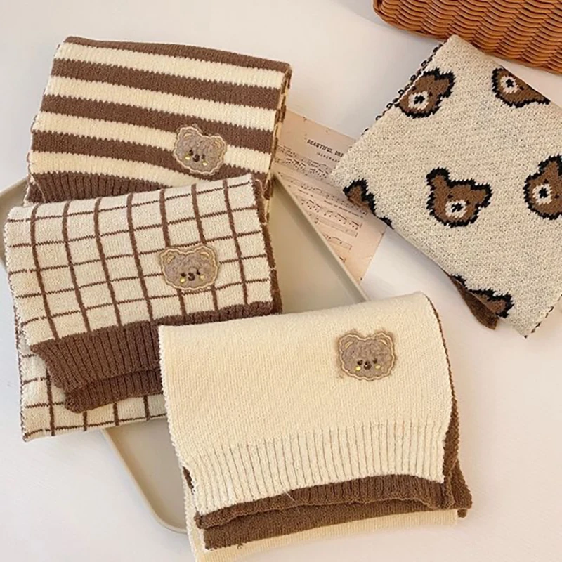Cute Plaid Striped Bear Kids Scarf Korean Knitted Winter Warm Scarves Children Girl Boys Outdoor Cold-proof Neckcheif Shawl