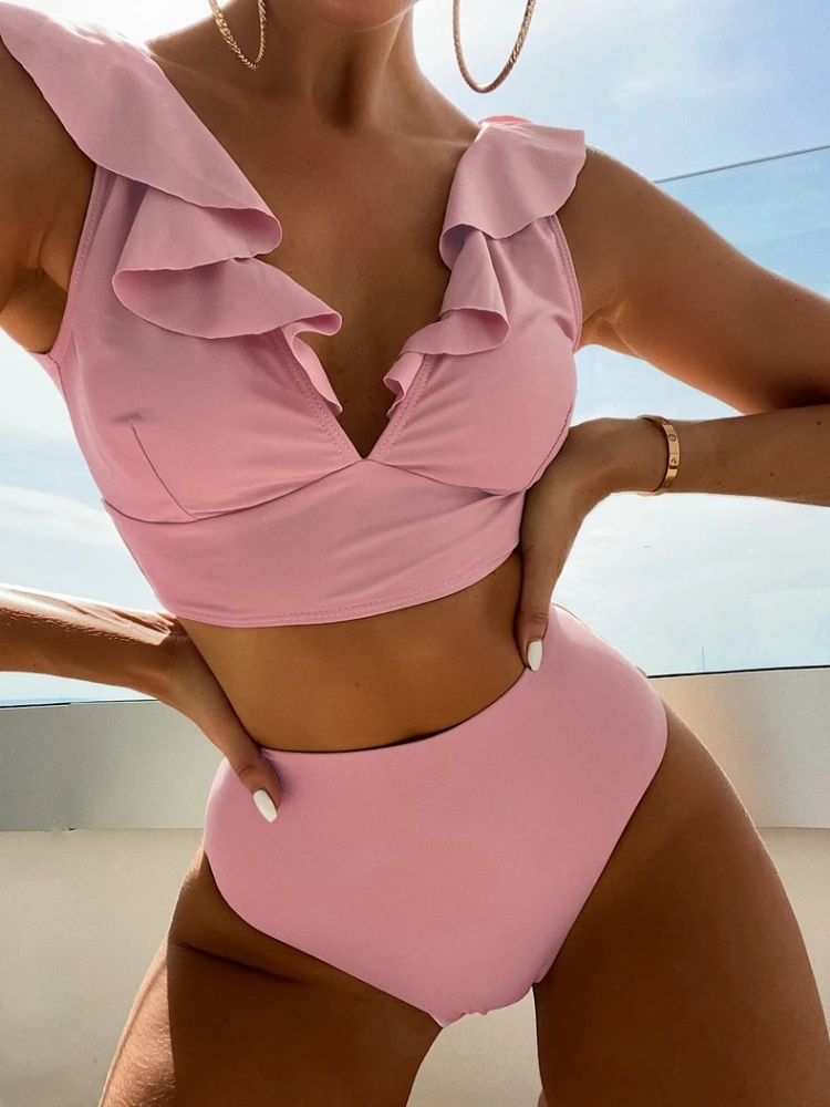 Bikini Set Women Swimwear Sexy New Ruffle High Waist Bikini Sets Swimsuit Beach One Shoulder Sleeve Black Red White Green Blue