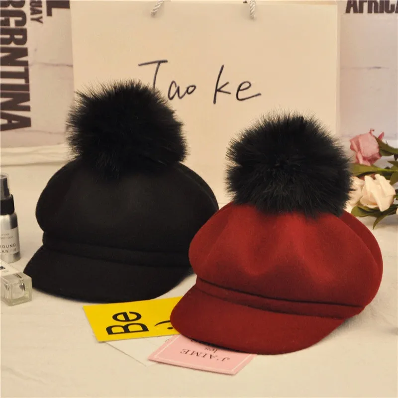 

202212-shi dropshipping winter warm cute really fox fur pompon solid British wool felt lady Octagonal cap women leisure hat