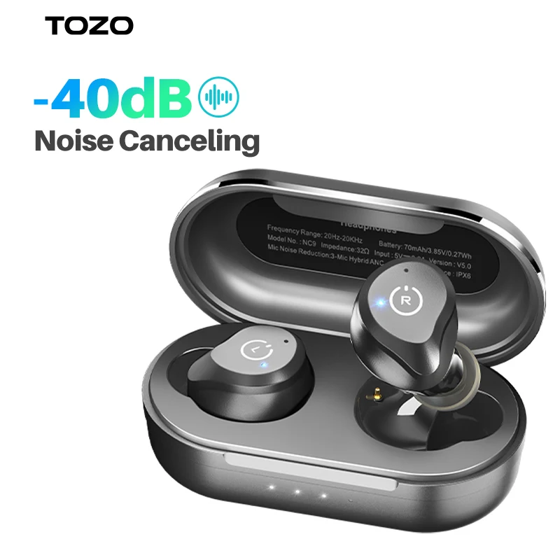 TOZO NC9 Plus Hybrid Active Noise Cancelling Wireless Earbuds Immersive Sound Premium Deep Bass Headset,Black in Ear Headphones IPX6 Waterproof Bluetooth 5.0 Stereo Earphones 