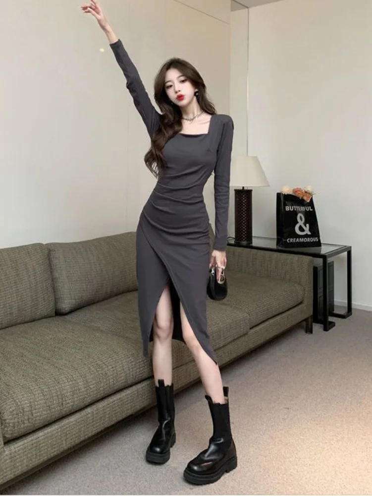 

Vestidos Autumn Bodycon Wrap Split Dress Women Vintage Retro Sexy Slim Thin Square Collar Long Sleeve Midi Dresses 2023 Fashion