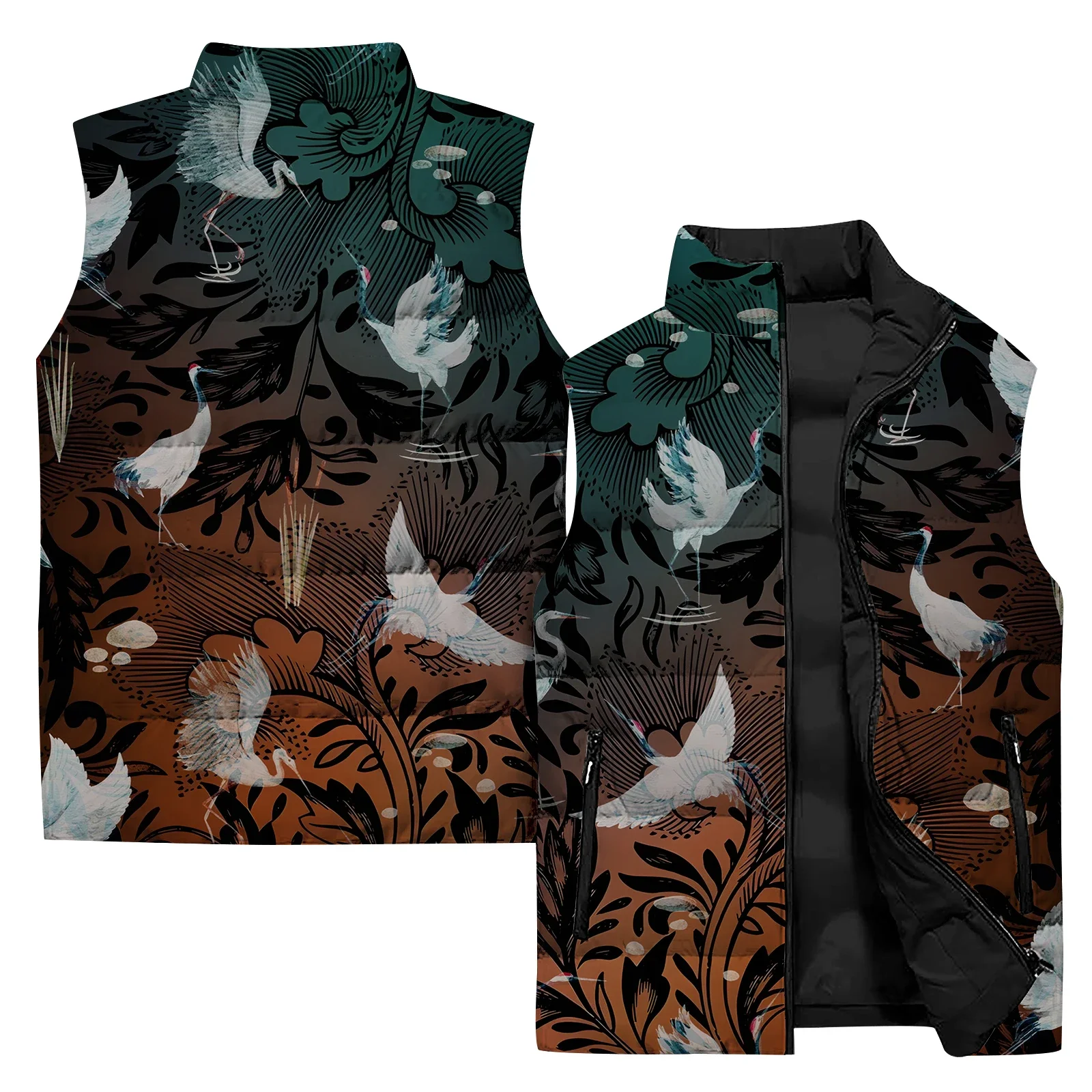 thumbnail image 1 of Chaleco moderno y versátil para hombre, elegante chaqueta de invierno con estampado de pájaros para hombre, ropa cómoda y cálida con estampado de cuervos personalizado, 1 of 4
