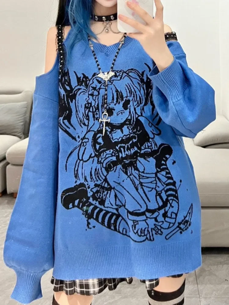 Japanese Slash Neck Knitted Gothic Grunge Pullover Loose Off