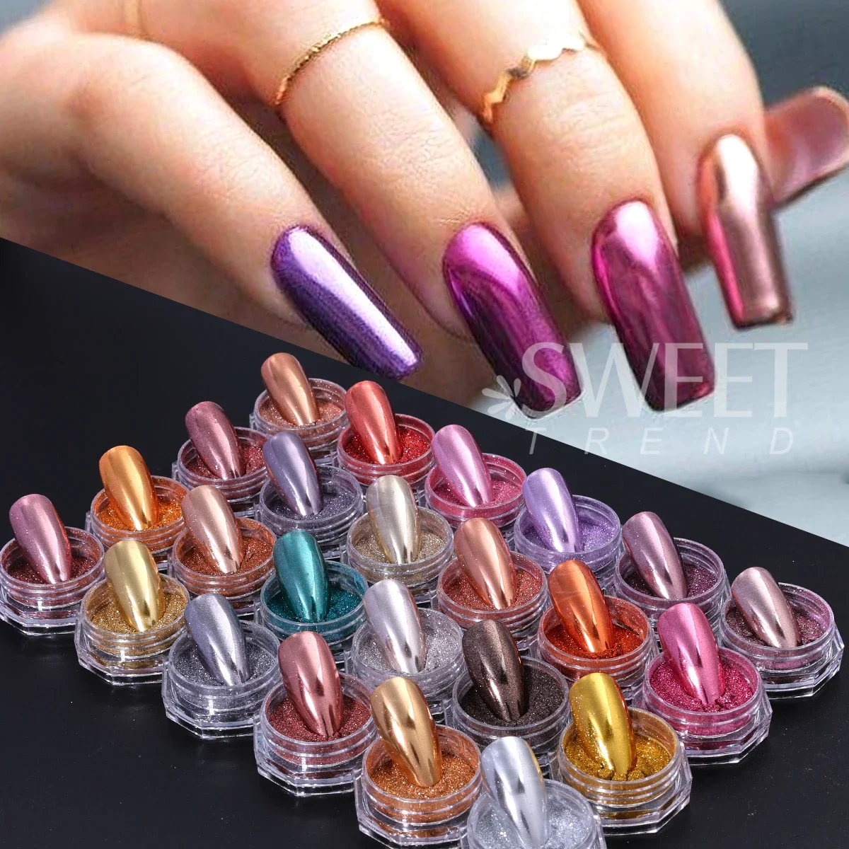 24pcs Colorful Y2K Mirror Nail Glitter Pigment Gold Silver Pink Metal Chrome Rubbing Dust DIY Charm Flash Manicure Decor Powder