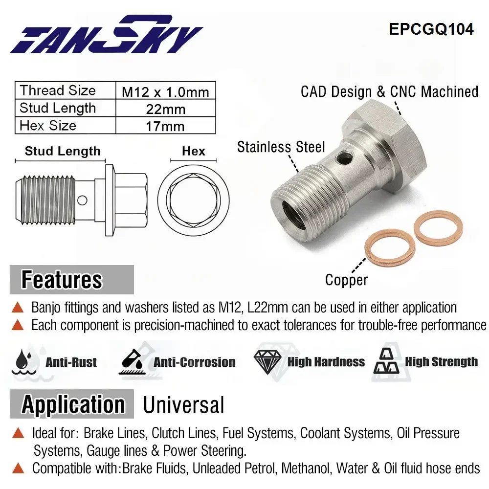 TANSKY Single Banjo Bolt Stainless Steel 7/16" x 20 UNF AN4 / AN3 / M10 M12 x 1.0mm Turbo Brake Line Adapter Fitting EPCGQ79