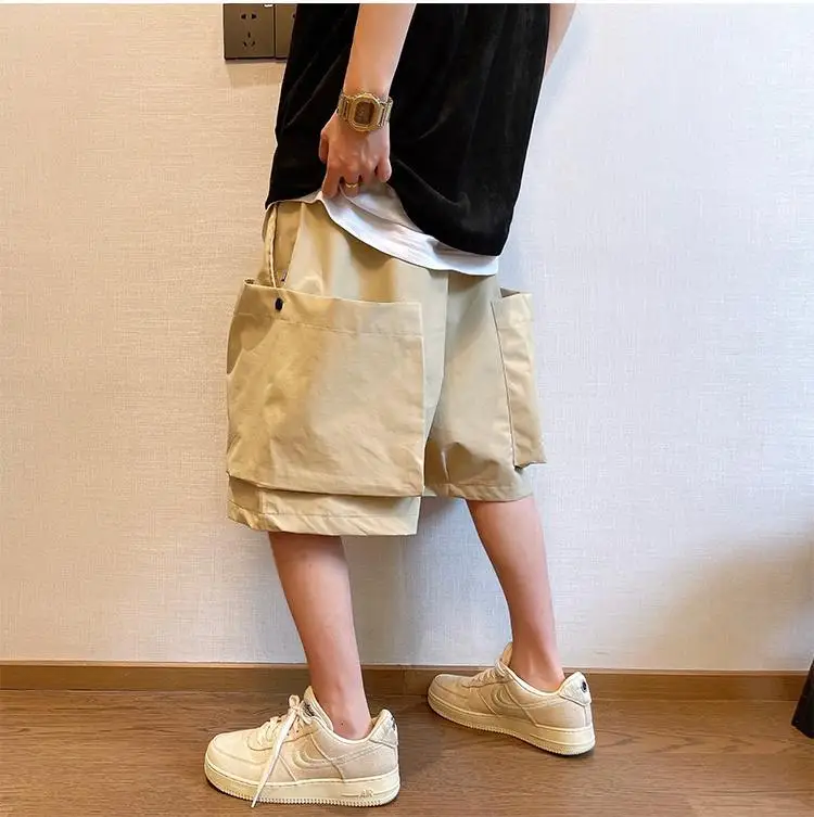 Men Trendy Casual Streetwear Hip Hop Big Pocket Design Cargo Short Pants Y2K 2024 Summer Youth Solid Oversize Baggy Beach Shorts