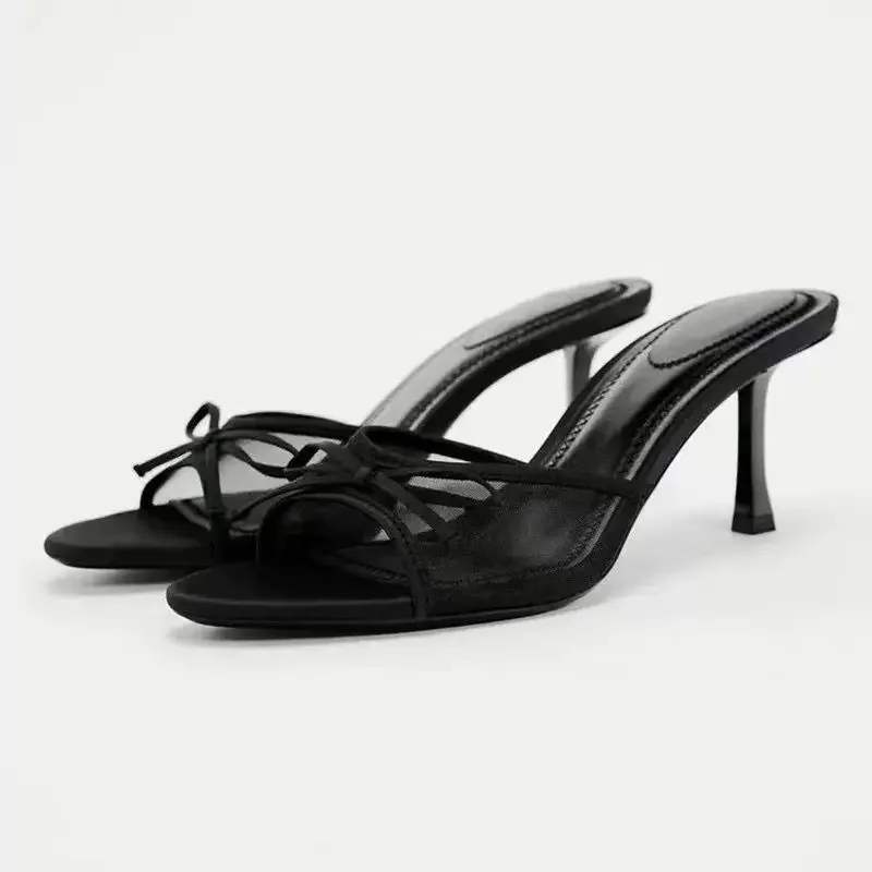 

DMRA 2024 New Product One Line with Back Air TRF Slippers Mesh Fabric Bow Decoration High Heel Sandals Women Shoes Women Sandals