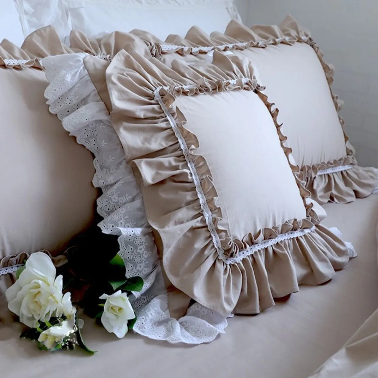 Большая кружевная наволочка цвета хаки с оборками, наволочки для диванных подушек, 100% хлопок, наволочки для принцессы, постельное белье, наволочка