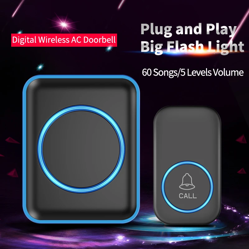 

CACAZI Waterproof Wireless Doorbell Sets for Smart Home LED Flashing Light 300M Long Range Adjustable 60 Chime Door Bell US EU