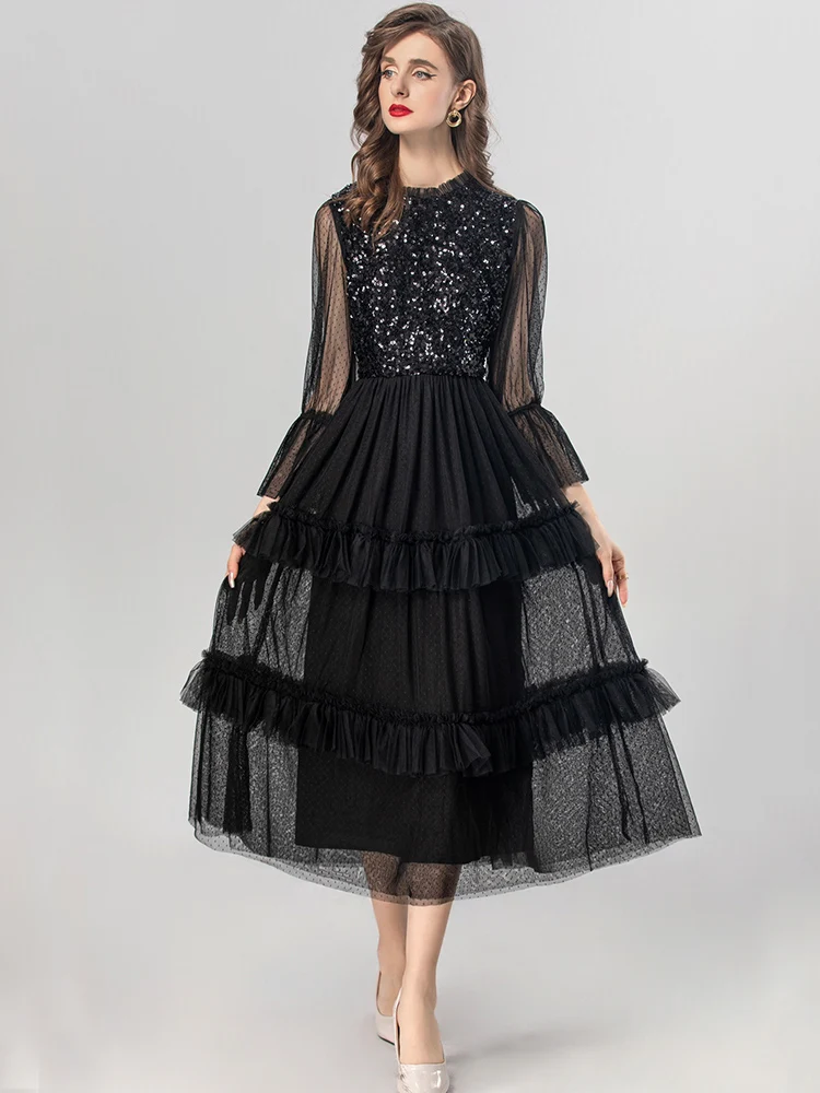 

Женское вечернее платье JUNLINNA, весенне-осеннее облегающее Сетчатое платье с блестками и бисером, в стиле пэчворк, с оборками