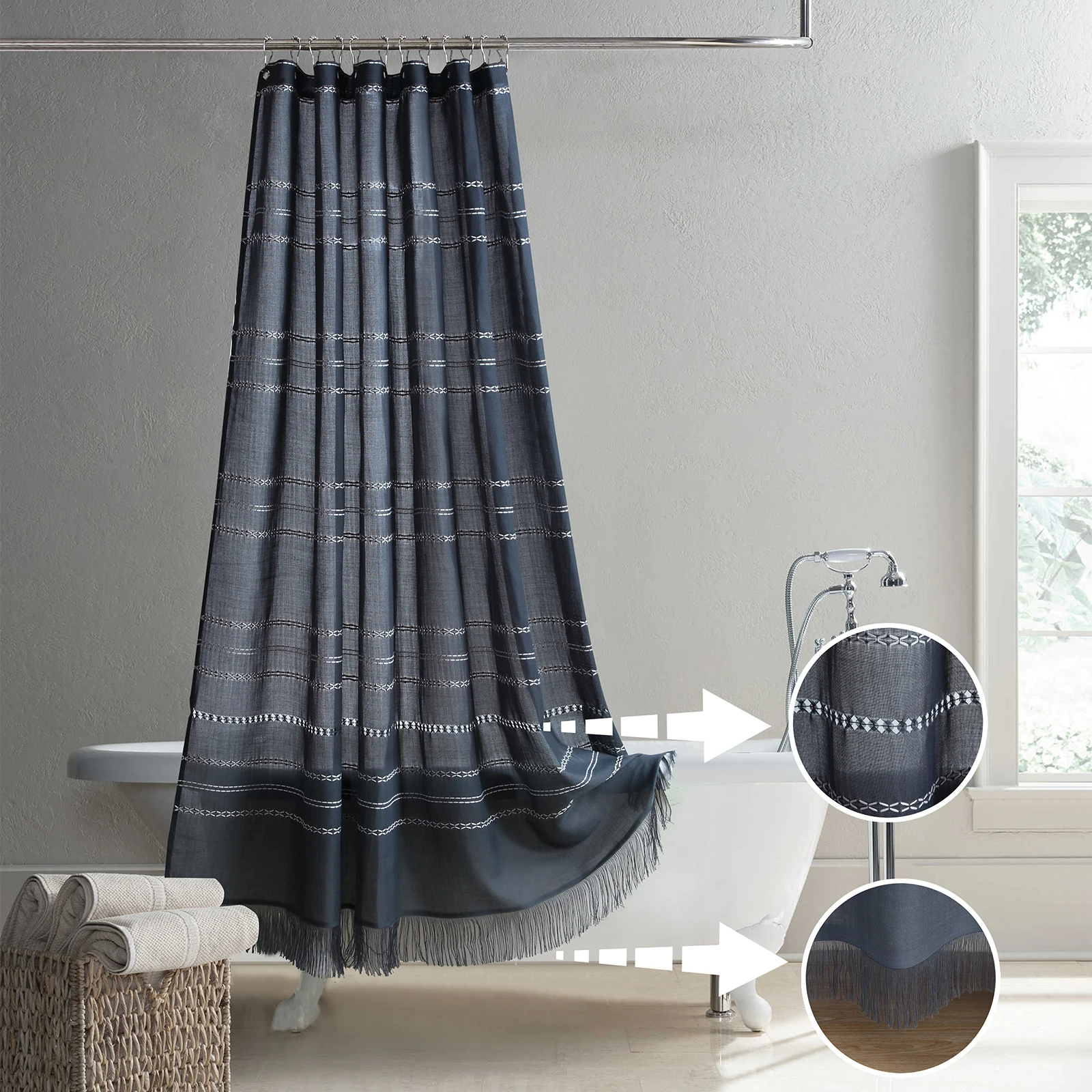 

Nally Black Yarn Dyed Polyester Jacquard Striped Waterproof Hand-woven Drawwork Embroidery Fringe Boho Farmhouse Shower Curtain