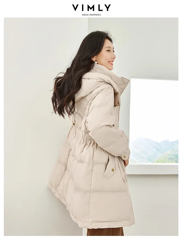 Vimly Black Hooded Zipper Duck Down Jackets 2023 Winter Stand Collar Windproof Thick Warm Long Sleeve Woman Coat Outerwear 50610