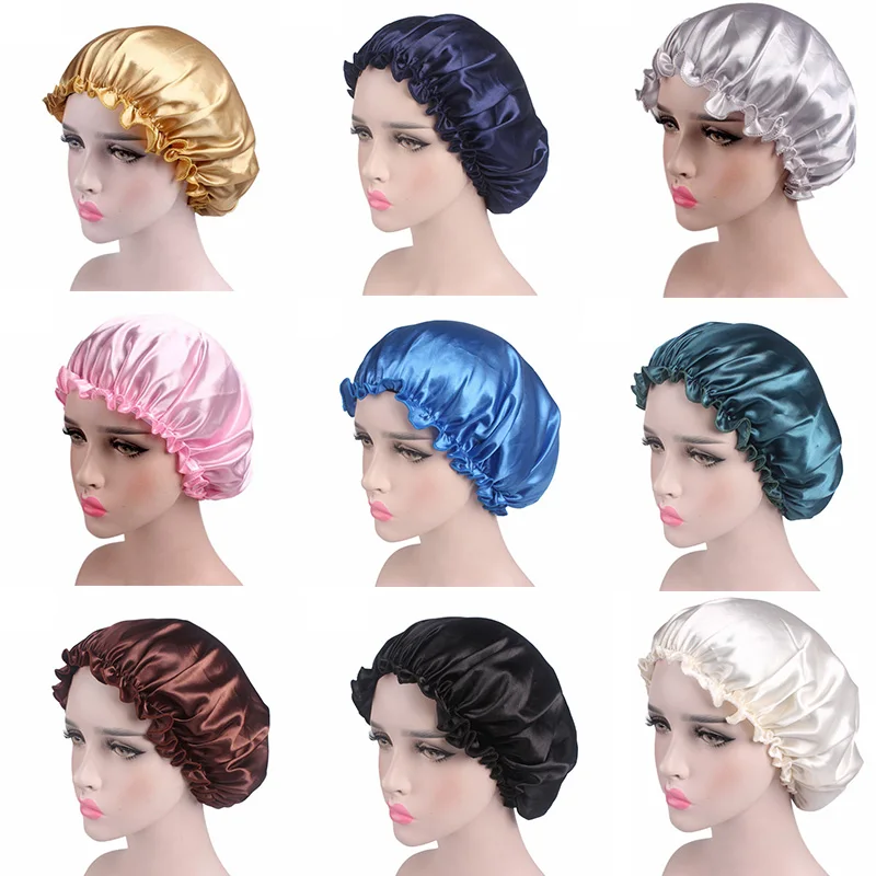Night Hair Cap Shower Cap Women Silk Satin Sleep Cap Hair Care Bonnet Hat Head Cover Elastic Band