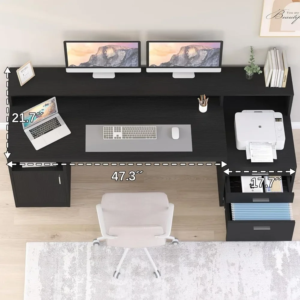 Computer Desk with 3 Drawer Storage Shelves, Home Office Desk with File Drawer Cabinet, Writing Study Table with Long Monitor 3