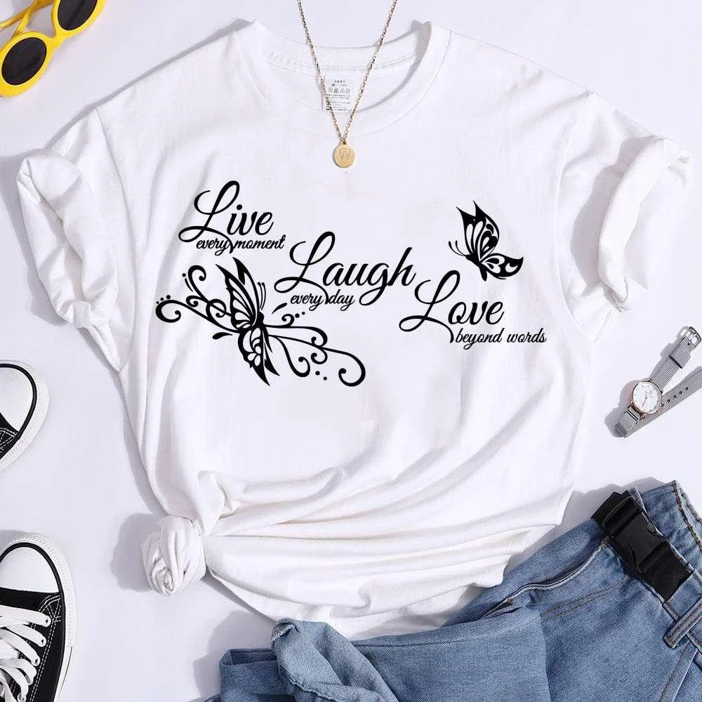 Schmetterling Live Laugh Love Print Sommer Casual T-shirts Für Frauen Kreative O Hals Kurzen ärmeln T-shirts Mode Damen T-shirt – Detail 4