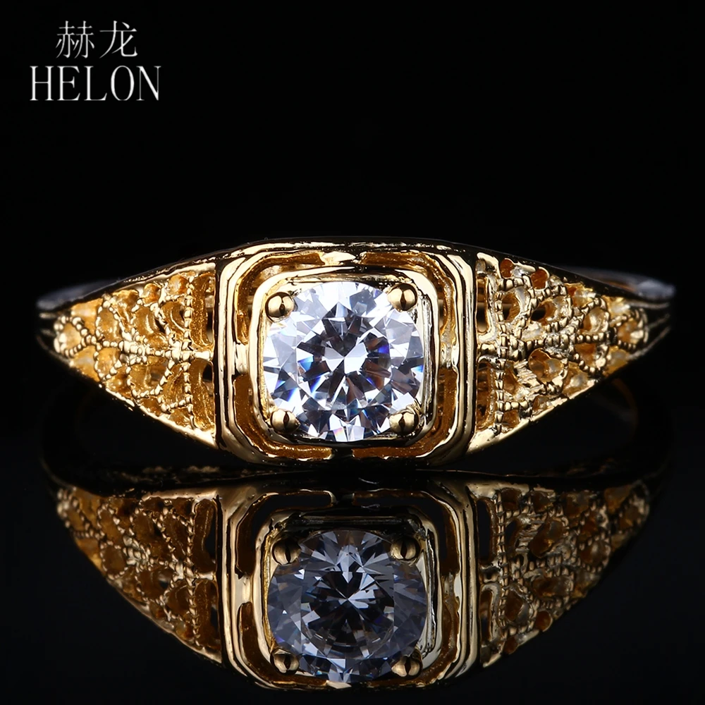 

HELON Solid 18k 14k 10k Yellow Gold Ring 4.5mm Round 0.4ct Lab Grown Diamond Moissanite Engagement Ring Women Vintage Jewelry