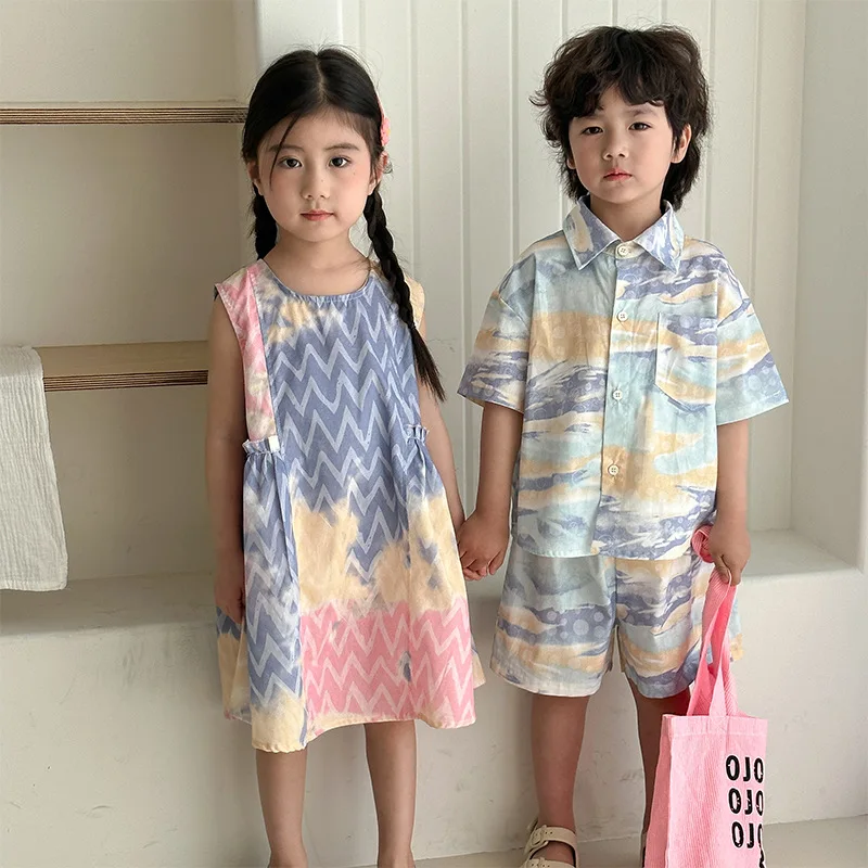 MILANCEL Brother and Sister Outfit Children's Summer Shirt Set 1-8Y Boys' Beach Clothes Loose Casual 2Pcs Suit Girls' Vest Dress