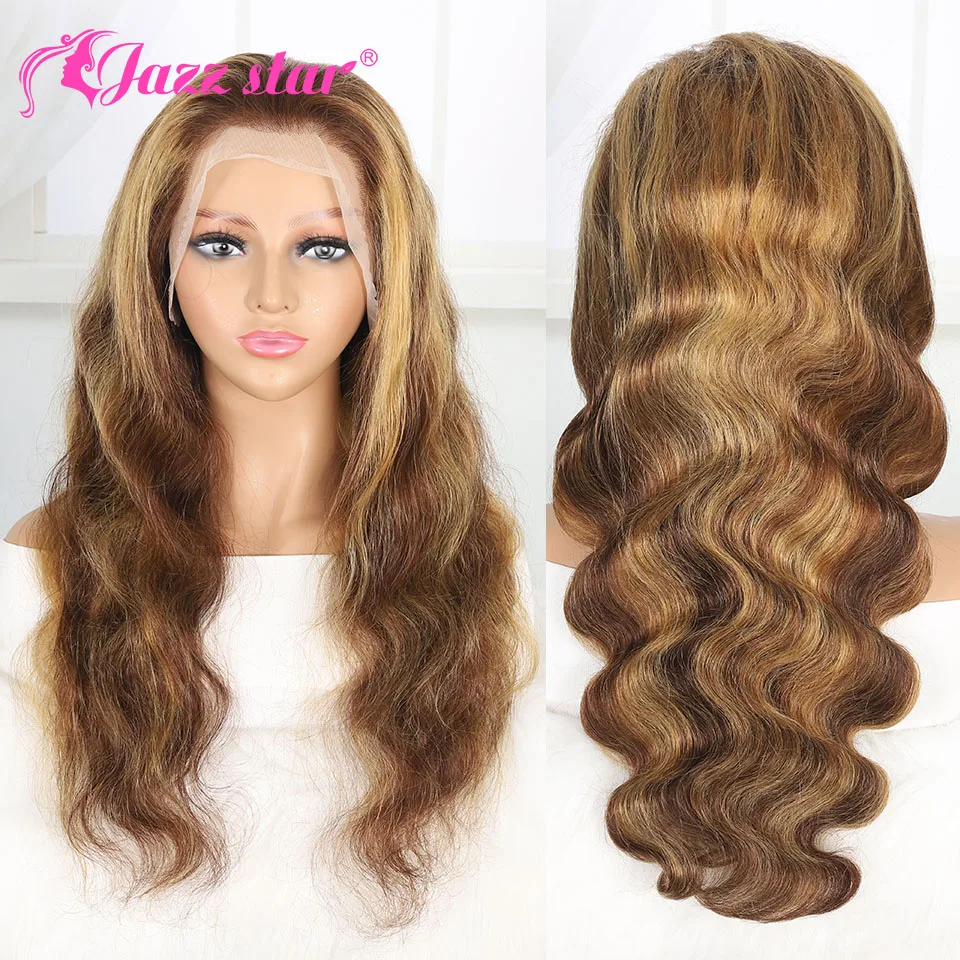 Brown With Honey Blonde Highlights Wigs Body Wave HD Transparent Brazilian #P4/27 Ombre 13x4 Lace Frontal Human Hair Wig
