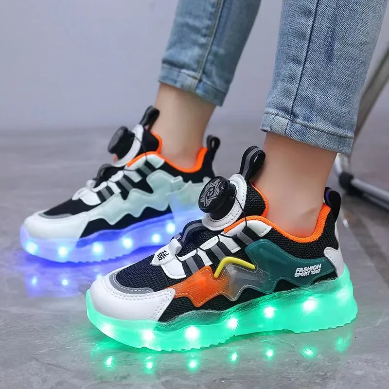 New Rotating button charging colorful luminous shoes sports bright light shoes children's shoes boys and girls luminous shoes children s kids boys girls usb charging glowing casual sneakers led light wheels outdoor parkour roller skate shoes sports for