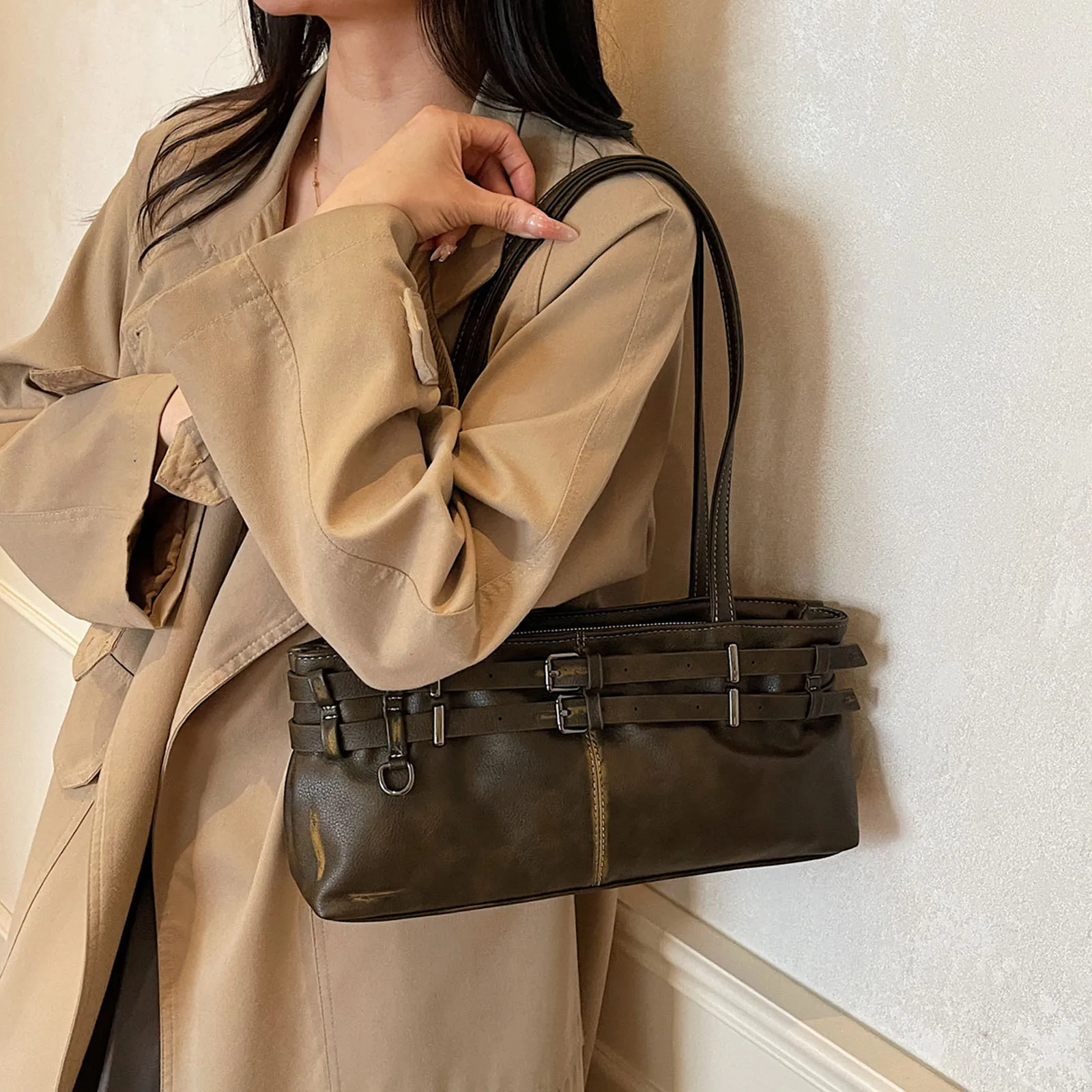 Women PU Leather Single Shoulder Tote Bag with Zipper One Shoulder Armpit Bag Single Shoulder Handbag for School Work Daily Use