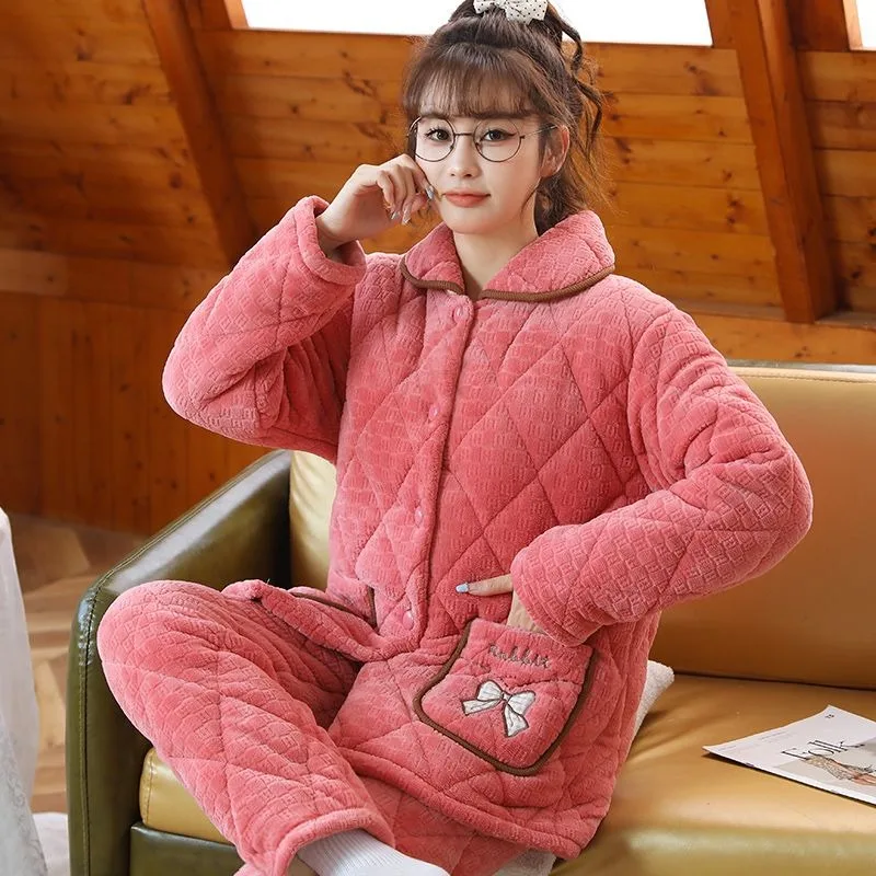 2023 New Pajamas Women Winter Three Layers Thickened Cotton Loungewear Coral Velvet Flannel Warmth Autumn Suitable Homewear
