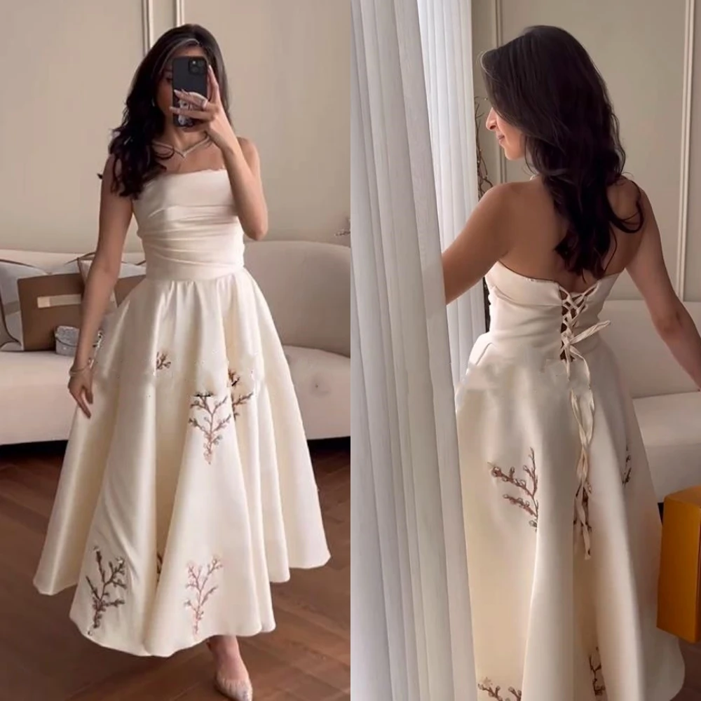 Prom Dress Saudi Arabia Satin Applique Draped Pleat Clubbing A-line Strapless Bespoke Occasion Gown Long Sleeve Dresses long applique lace elegant prom dress strapless short puff sleeve party gown a line draped evening dresses for woman 2022